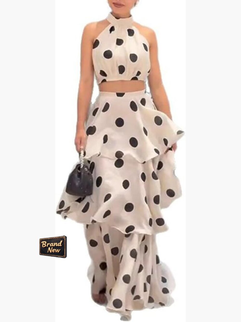 Women's 2-Piece Skirt Set Off-Shoulder Crop Top Maxi Skirt Polka Dot